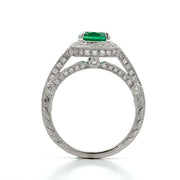 18K White Gold Vintage Halo Emerald and Diamond Ring